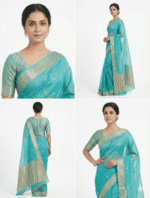 Deep Teal Gold Border Saree - Image 2